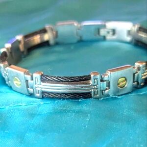 COPY - Men's Black and Steel Cable Bracelet with 14K Yellow Gold Screws.